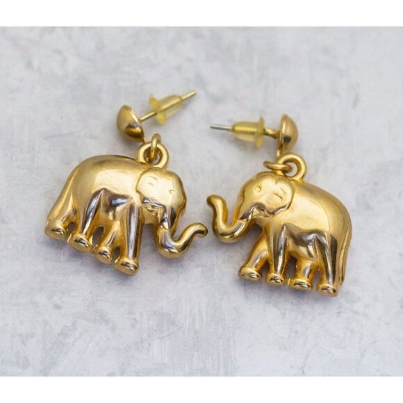 Vintage Dangle Gold Tone Earrings, Elephant Earrings, Cultural Earrings - C8 - Picture 1 of 2